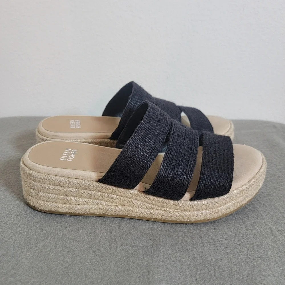 Eileen Fisher Mayla Black Jute Espadrille Platform Sandals Beach Coastal 8 EUC